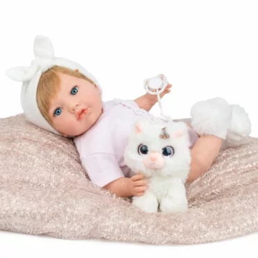 Кукла бебе Амая с плюшено коте Kawaii розово бебе с меко тяло 45 см