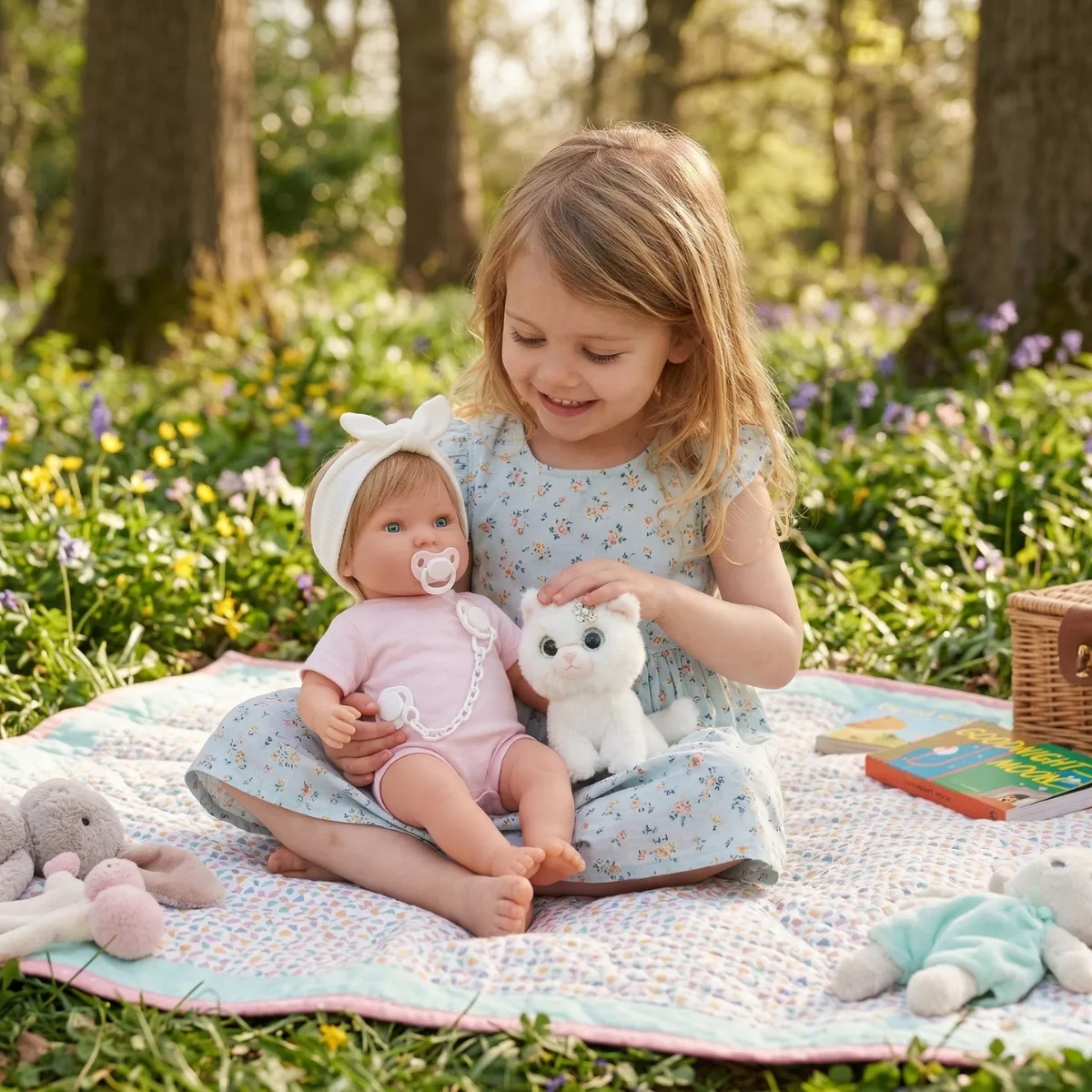 Кукла бебе Амая с плюшено коте игра навън пикник розова кукла 45 см