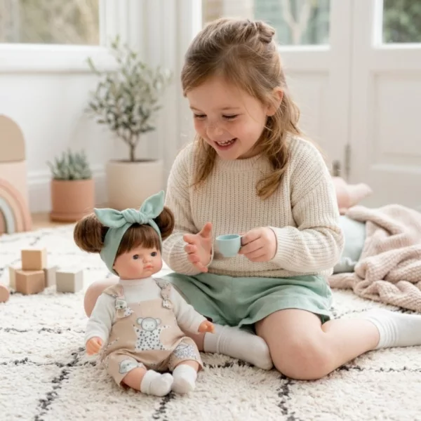 Кукла бебе Ая с бежов гащеризон и зелена лента винил 26 см игра