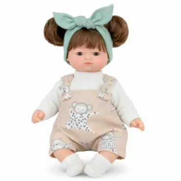 Кукла бебе Ая с бежов гащеризон и зелена лента винил 26 см за деца