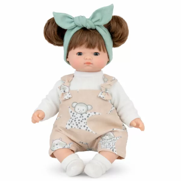 Кукла бебе Ая с бежов гащеризон и зелена лента винил 26 см за деца