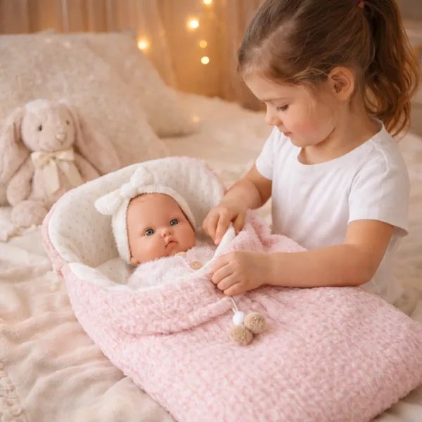 Бебе кукла Бети с пухкаво розово одеяло и дрехи текстил винил 28 см