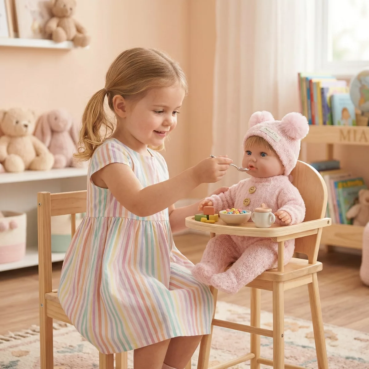 Кукла бебе Елия хранене на столче за кукли розова мека кукла 45 см