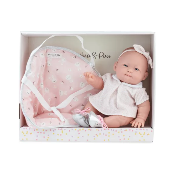 Бебе кукла Ема с розов кош за носене и рокля винил 37 см за деца