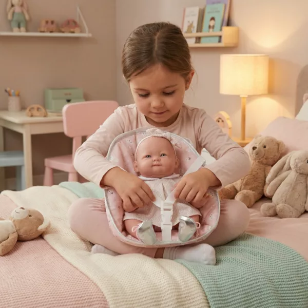 Бебе кукла Ема в кош за носене текстил винил 37 см игра у дома