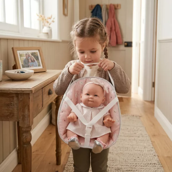 Бебе кукла Ема с розов кош за разходка текстил винил 37 см за деца