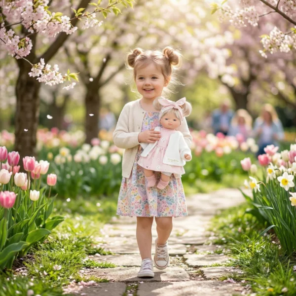 Кукла бебе Ема с розова рокля винил 26 см игра навън сред цветя