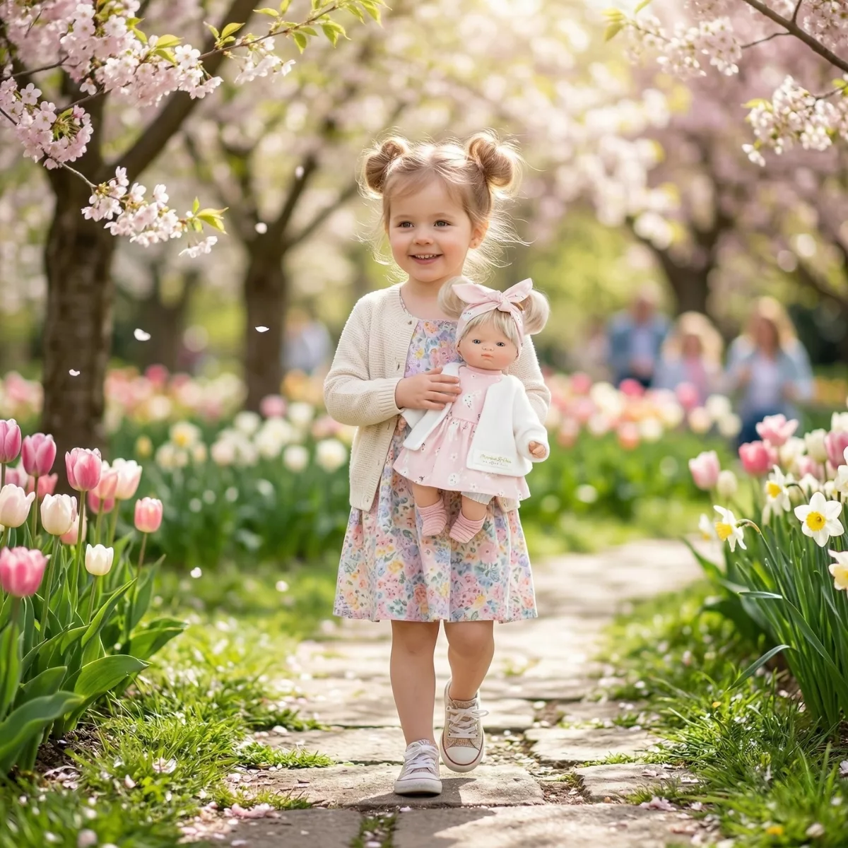 Кукла бебе Ема с розова рокля винил 26 см игра навън сред цветя