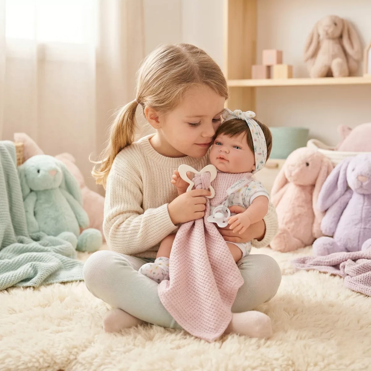 Кукла бебе Лия 42 см с меко тяло в ръцете на дете, розови аксесоари Marina and Pau