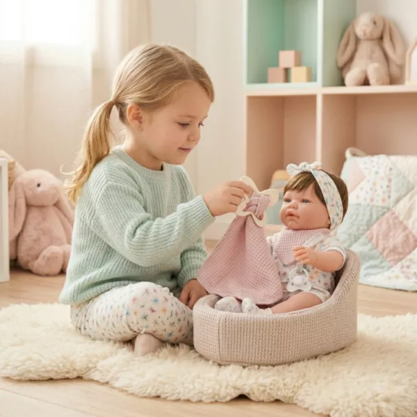 Кукла бебе Лия 42 см с меко тяло и розово одеяло в детска стая Marina and Pau