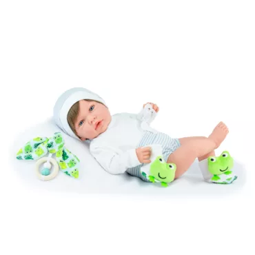 Кукла бебе Матео със син костюм и жабки мека кукла с аксесоари 45 см