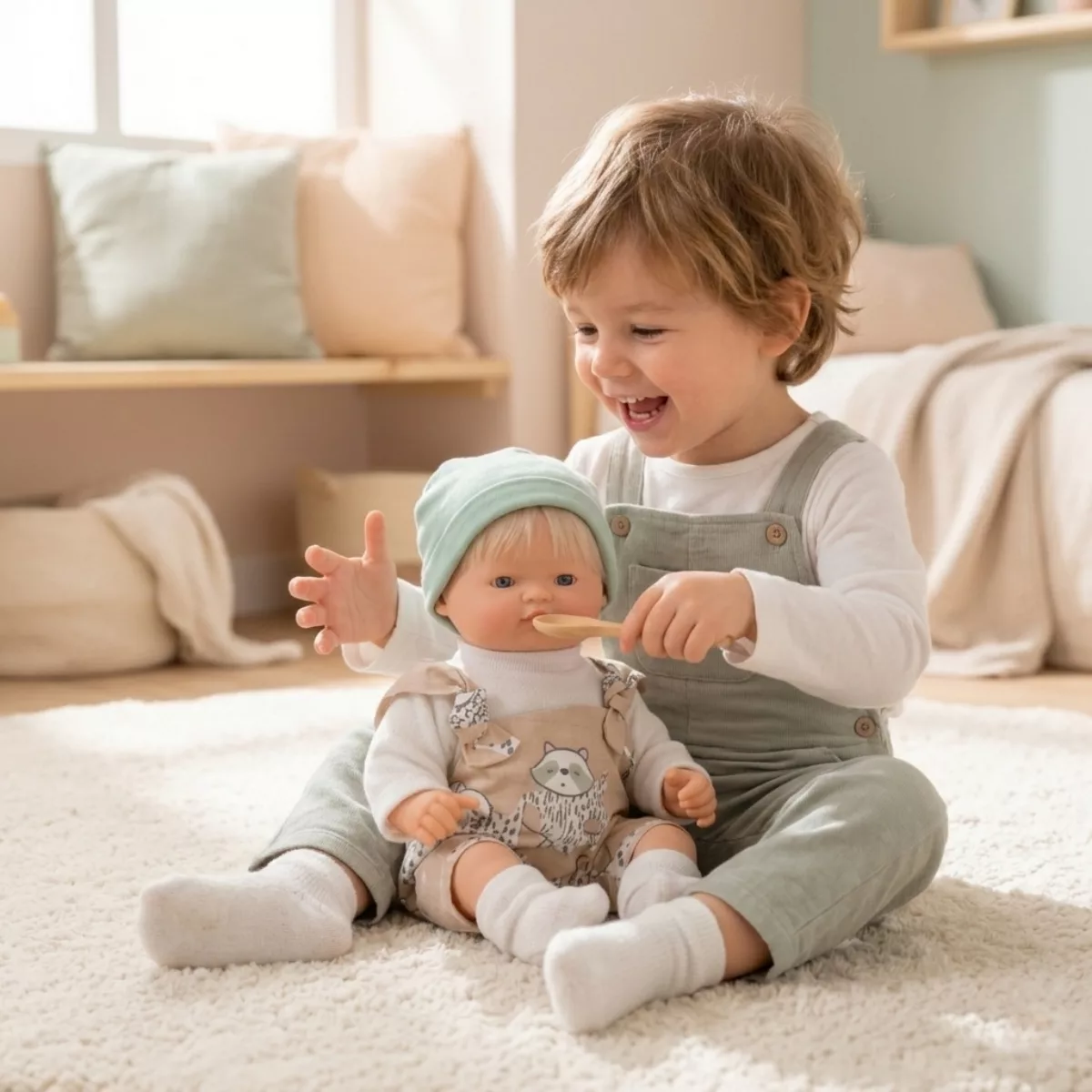 Кукла бебе Ноа с бежов гащеризон и зелена шапка винил 26 см игра
