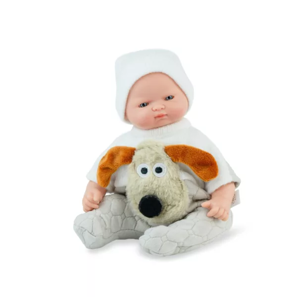 Кукла бебе Ноел с бели дрехи и плюшено куче винил 26 см за деца