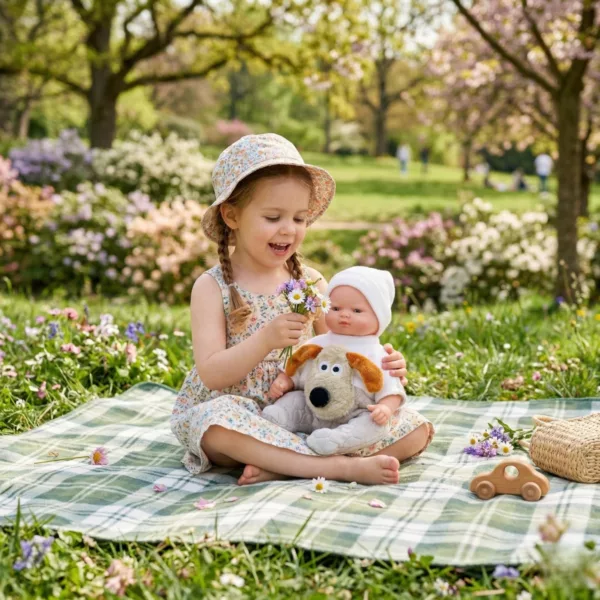 Кукла бебе Ноел с бял комплект и кученце винил 26 см игра навън