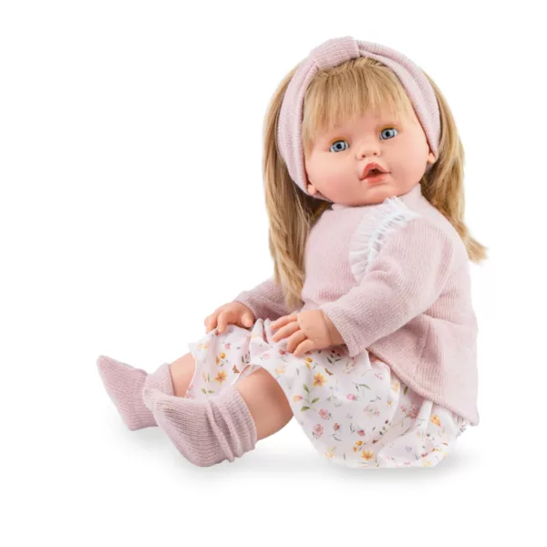 Интерактивна кукла бебе Леонор с меки розови дрехи и винилово тяло 63 см
