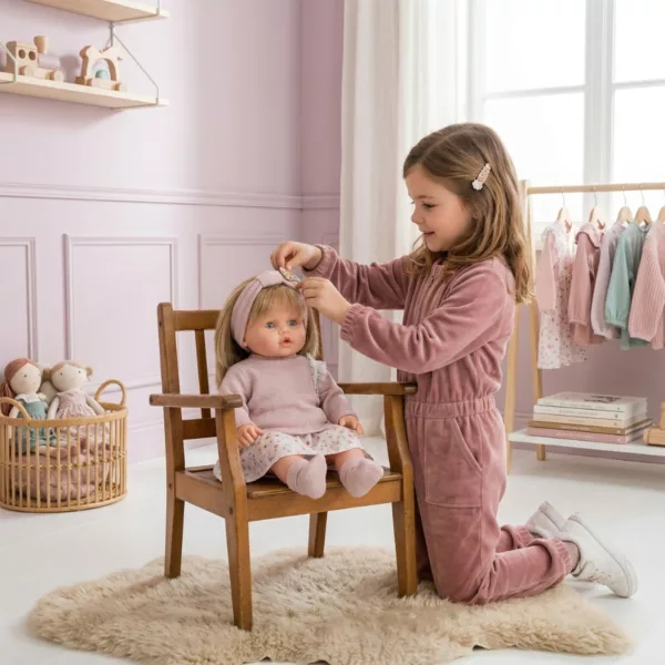 Интерактивна кукла бебе Леонор с дълга коса и розов тоалет 63 см за игра