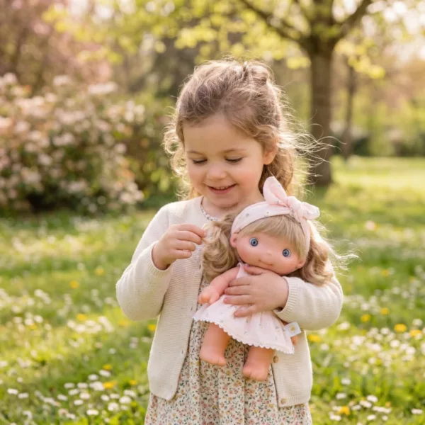 Детска кукла Piu Ема за игра навън с рокля и панделка винил 26 см