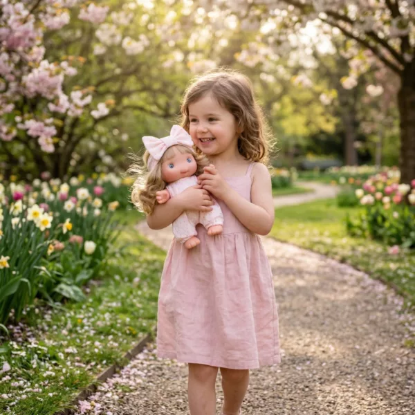 Детска кукла Piu Софи за игра навън с розово облекло и панделка