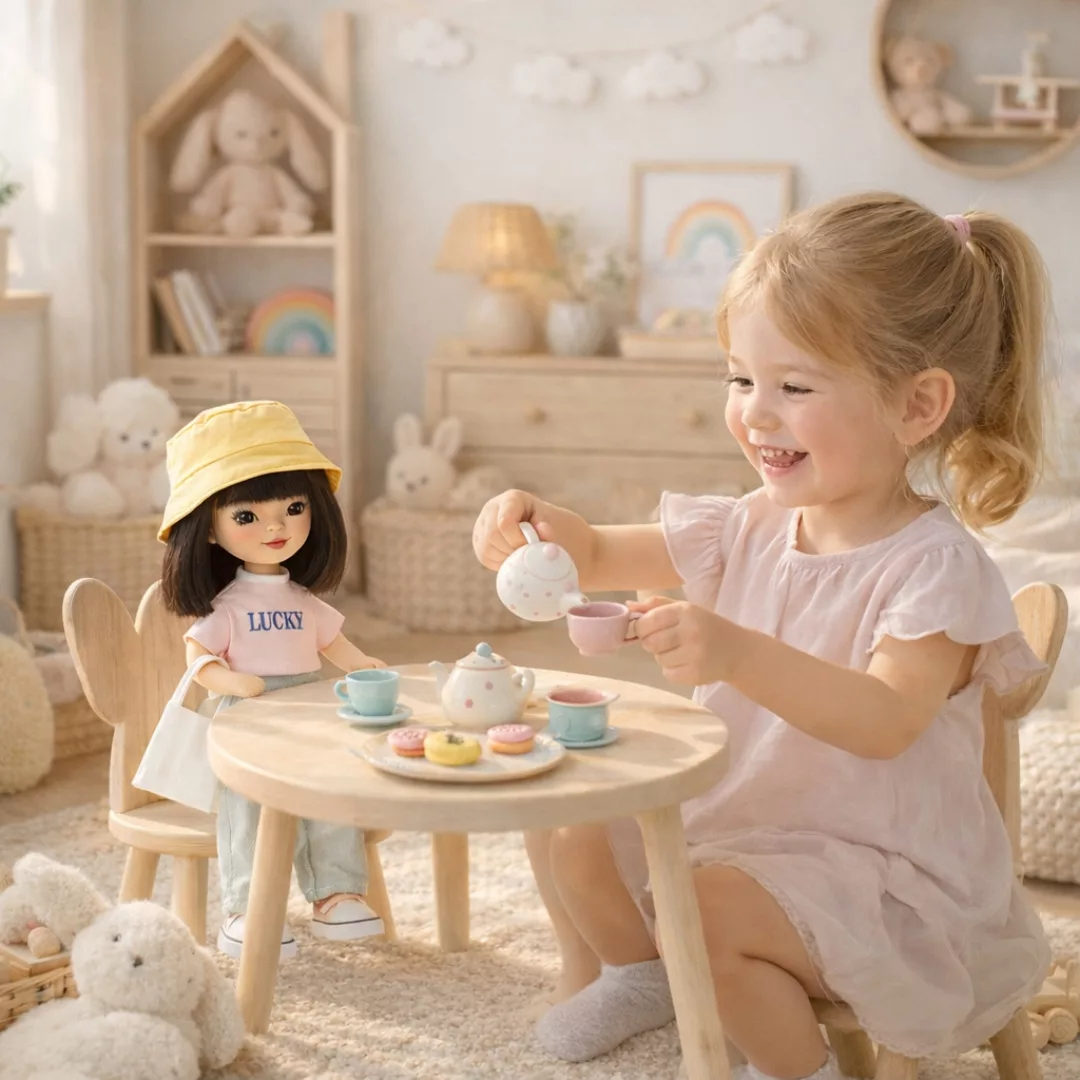 Мека кукла Лилу Sweet Sisters с широки дънки и шапка игра с дете