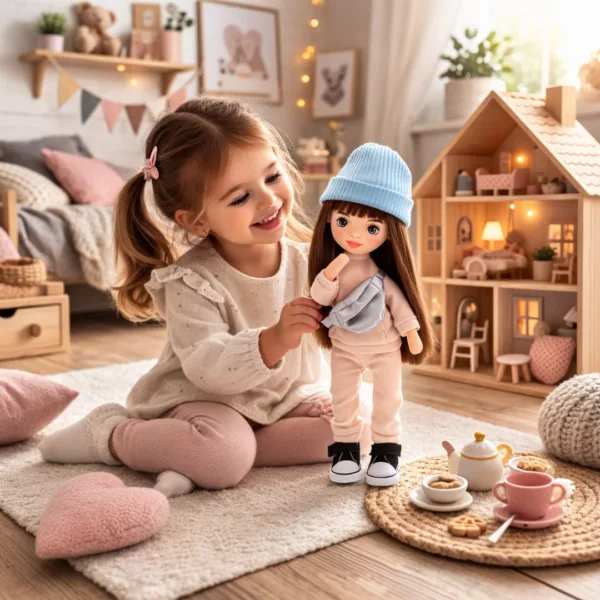 Мека кукла Софи Sweet Sisters в бежов екип и синя шапка в игра с дете