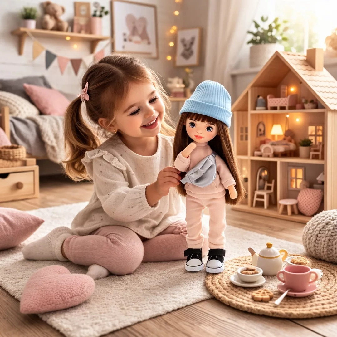 Мека кукла Софи Sweet Sisters в бежов екип и синя шапка в игра с дете