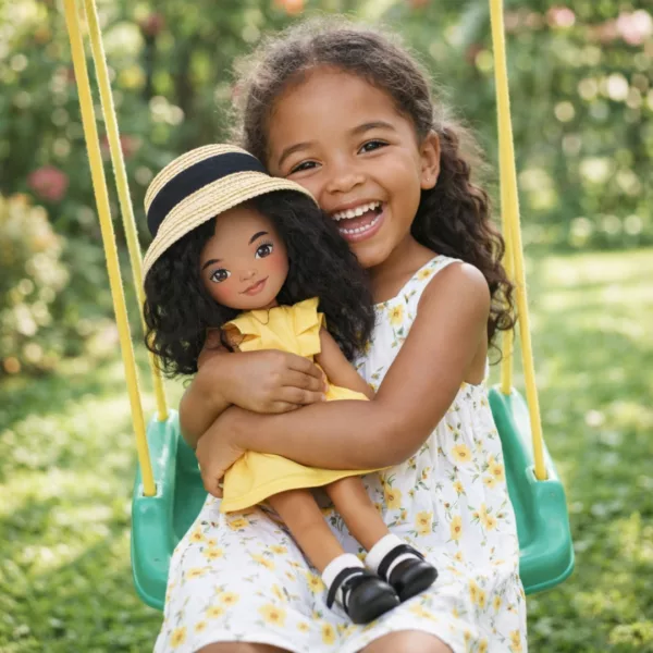 Мека кукла Тина Sweet Sisters в жълта рокля и шапка гушната от дете