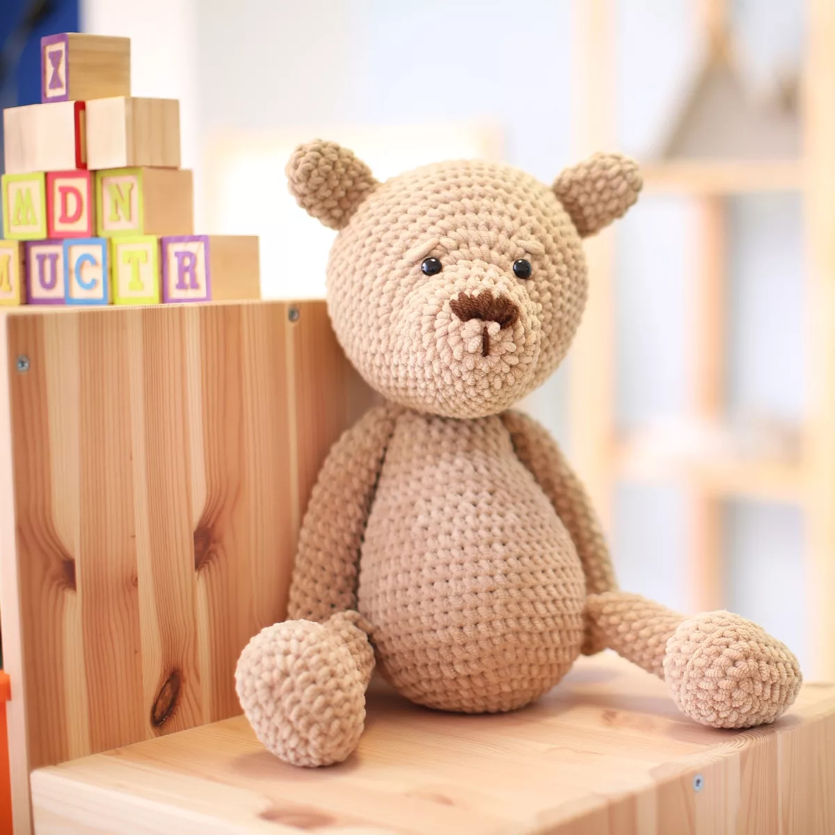 Плюшено мече мека играчка за бебе в кафяв цвят от текстил