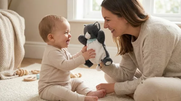 Плюшена котка мека играчка в сиво и бяло за бебе 0+ месеца