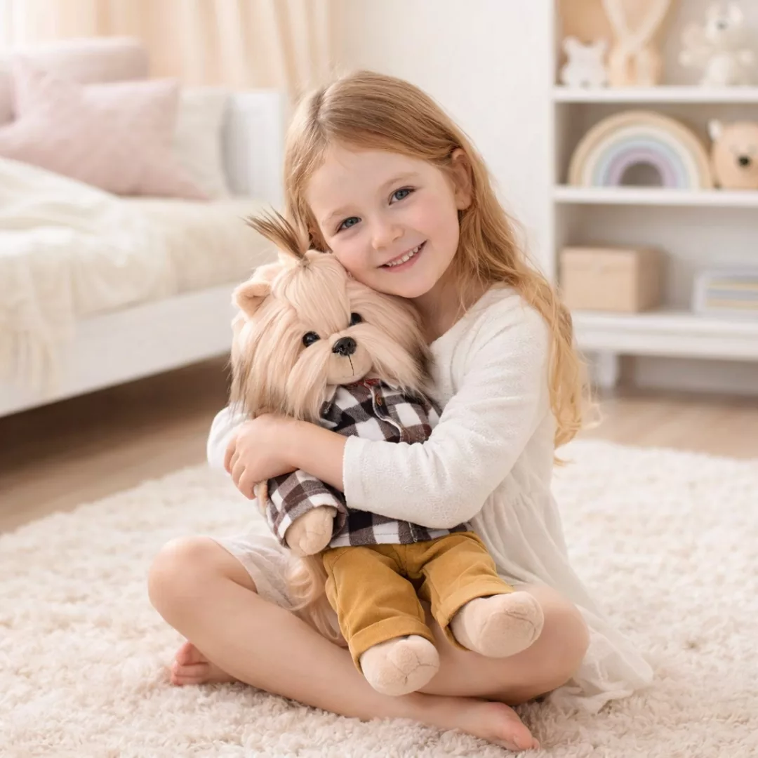 Момиче гушка плюшено кученце Анди Lucky Doggy с карирана риза 38 см
