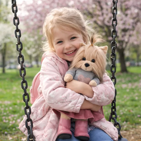 Момиче гушка плюшено кученце Йойо Lucky Doggy с розова рокля в парк