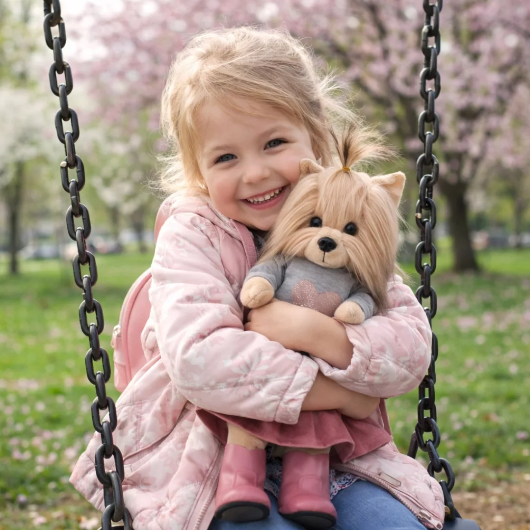 Момиче гушка плюшено кученце Йойо Lucky Doggy с розова рокля в парк