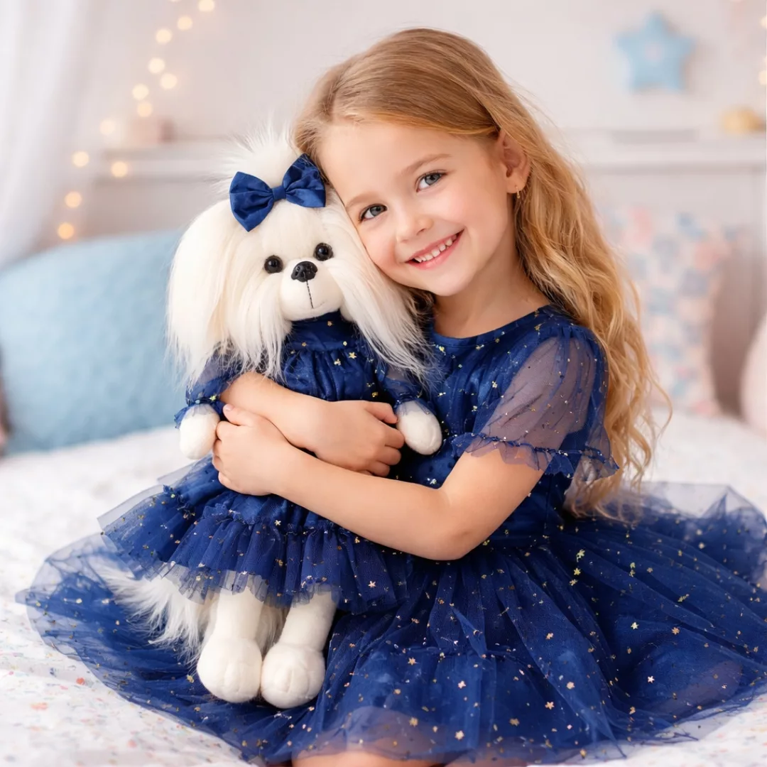Плюшено кученце Мими Lucky Doggy със синя рокля със звезди гушнато от дете