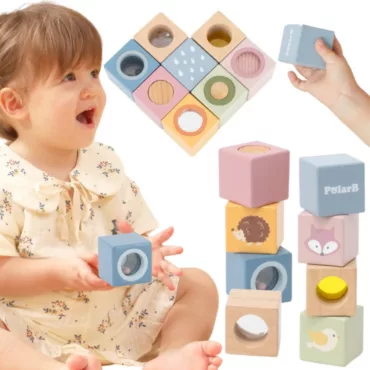 Дървени сензорни кубчета PolarB с огледало и текстури за бебета 1+ години