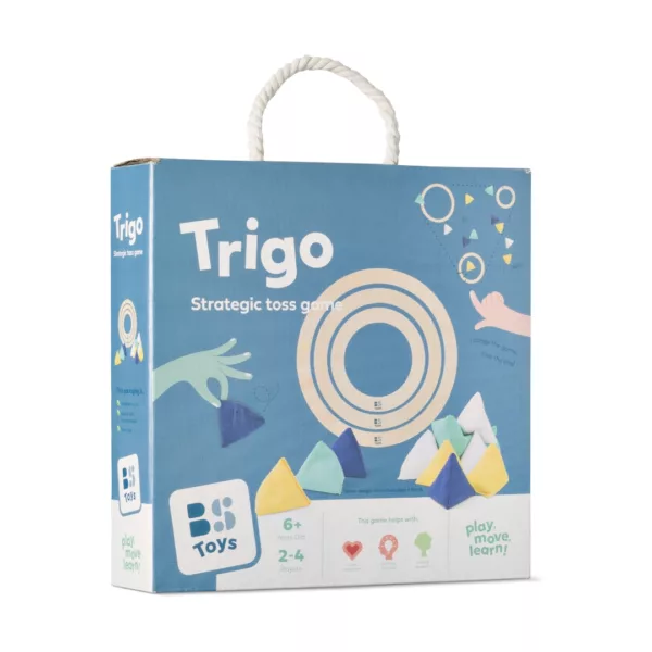 Стратегическа игра за хвърляне Trigo в синя кутия с дървени рингове