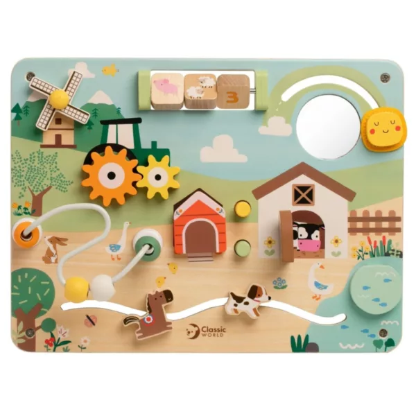 Дървен бизиборд ферма с активности зъбни колела и лабиринт цветен за деца 12м+