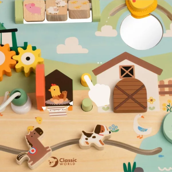 Дървен бизиборд ферма с вратички животни и механизми цветен дърво 12м+