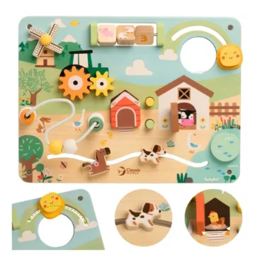 Дървен бизиборд ферма с лабиринт огледало и въртящи елементи цветен 12м+