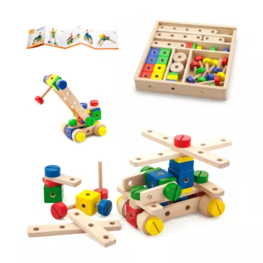 Дървен конструктор с болтове и гайки 53 части Viga Toys, цветни елементи, образователна игра, 3+