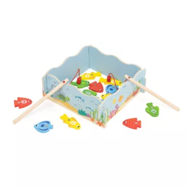 Дървена магнитна игра за риболов VIGA Toys близък план цветни риби числа дърво за деца