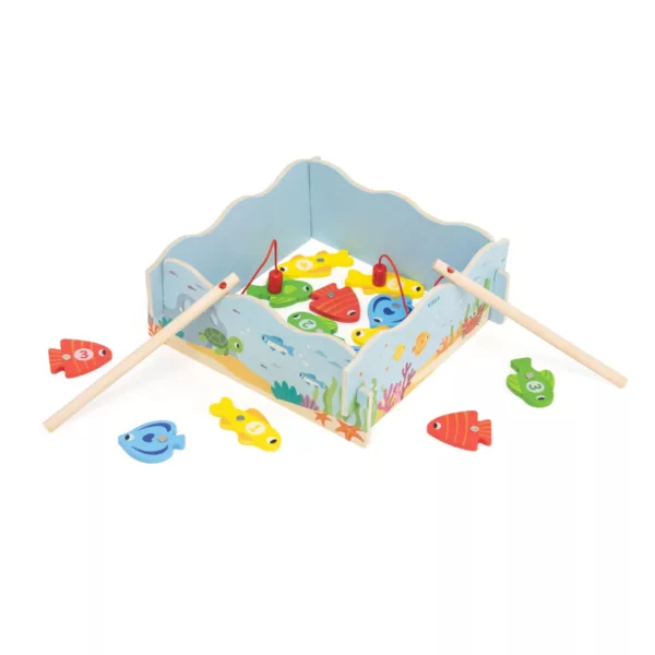 Дървена магнитна игра за риболов VIGA Toys близък план цветни риби числа дърво за деца