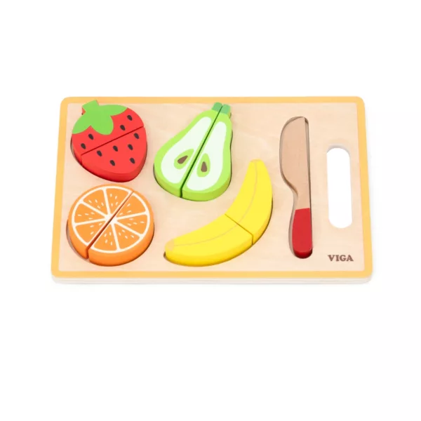 Дървен Монтесори пъзел плодове за рязане Viga Toys комплект с ягода круша банан