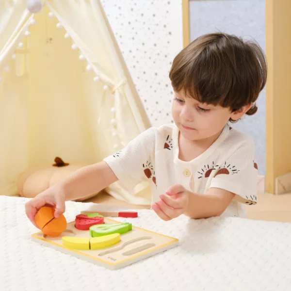 Дървен Монтесори пъзел плодове за рязане Viga Toys комплект образователна игра 18 месеца+