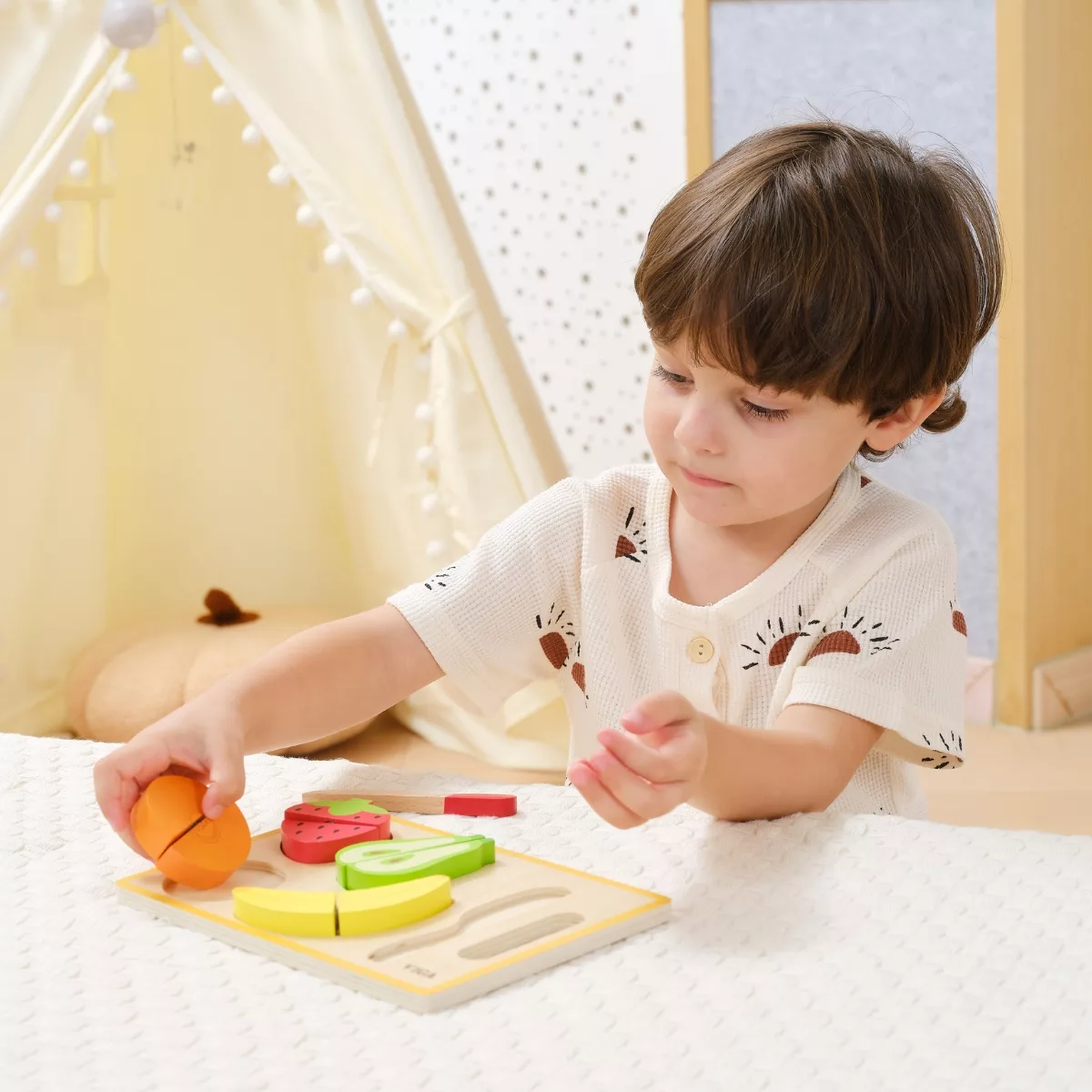 Дървен Монтесори пъзел плодове за рязане Viga Toys комплект образователна игра 18 месеца+