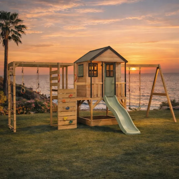 Детска дървена площадка с къщичка, пързалка, люлка и катерушка до море при залез