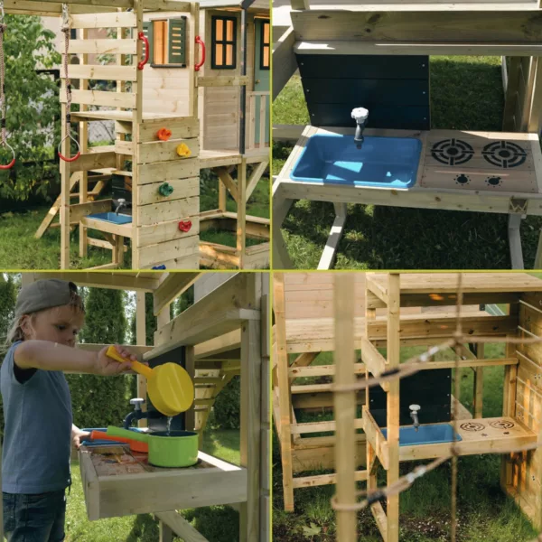 Детска дървена площадка с катерушка, халки и вградена кухня с мивка за деца