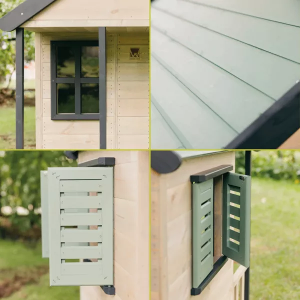 Детска дървена къщичка с прозорци и покрив детайли от естествено дърво