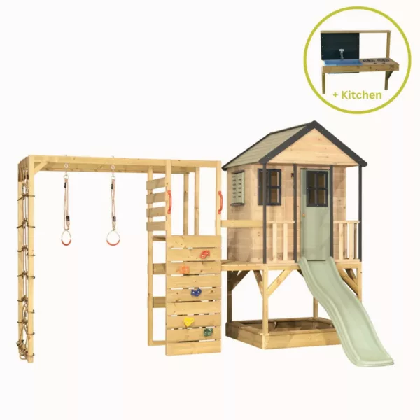 Детска дървена площадка с къщичка, пързалка, катерушка и кухня комплект за двор
