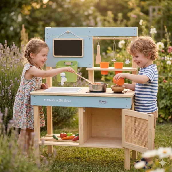 Дървена градинска кухня за деца с мивка и аксесоари в син цвят 3+ години