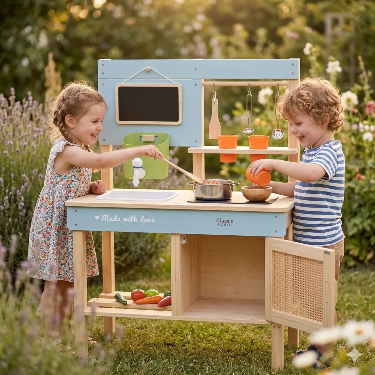 Дървена градинска кухня за деца с мивка и аксесоари в син цвят 3+ години