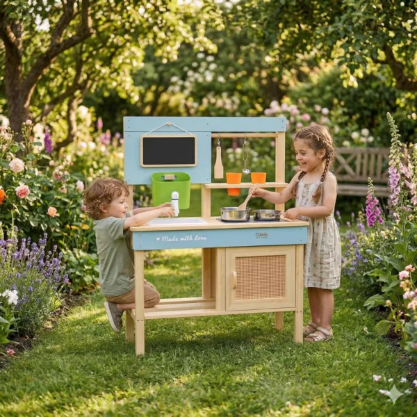 Дървена градинска кухня за деца с мивка и аксесоари в двор за игра 3+ години